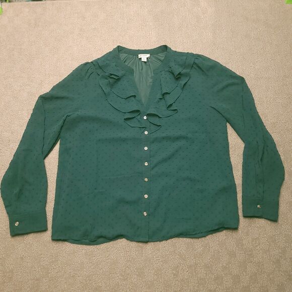 J.CREW Womens M  Top Ruffle Clip Dot Button Down Lined Blouse Green - Picture 2 of 10